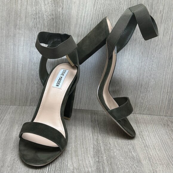 Steve Madden Celebrate Heeled Sandal Womens 9.5M Elastic Ankle Strap Suede Olive - Picture 7 of 13